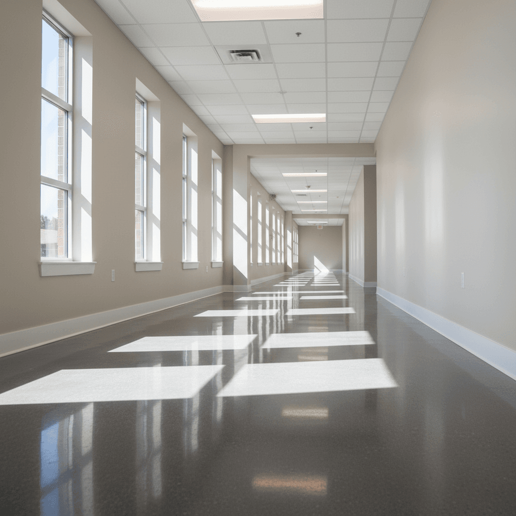 Apartment complex hallway with freshly cleaned and polished floors