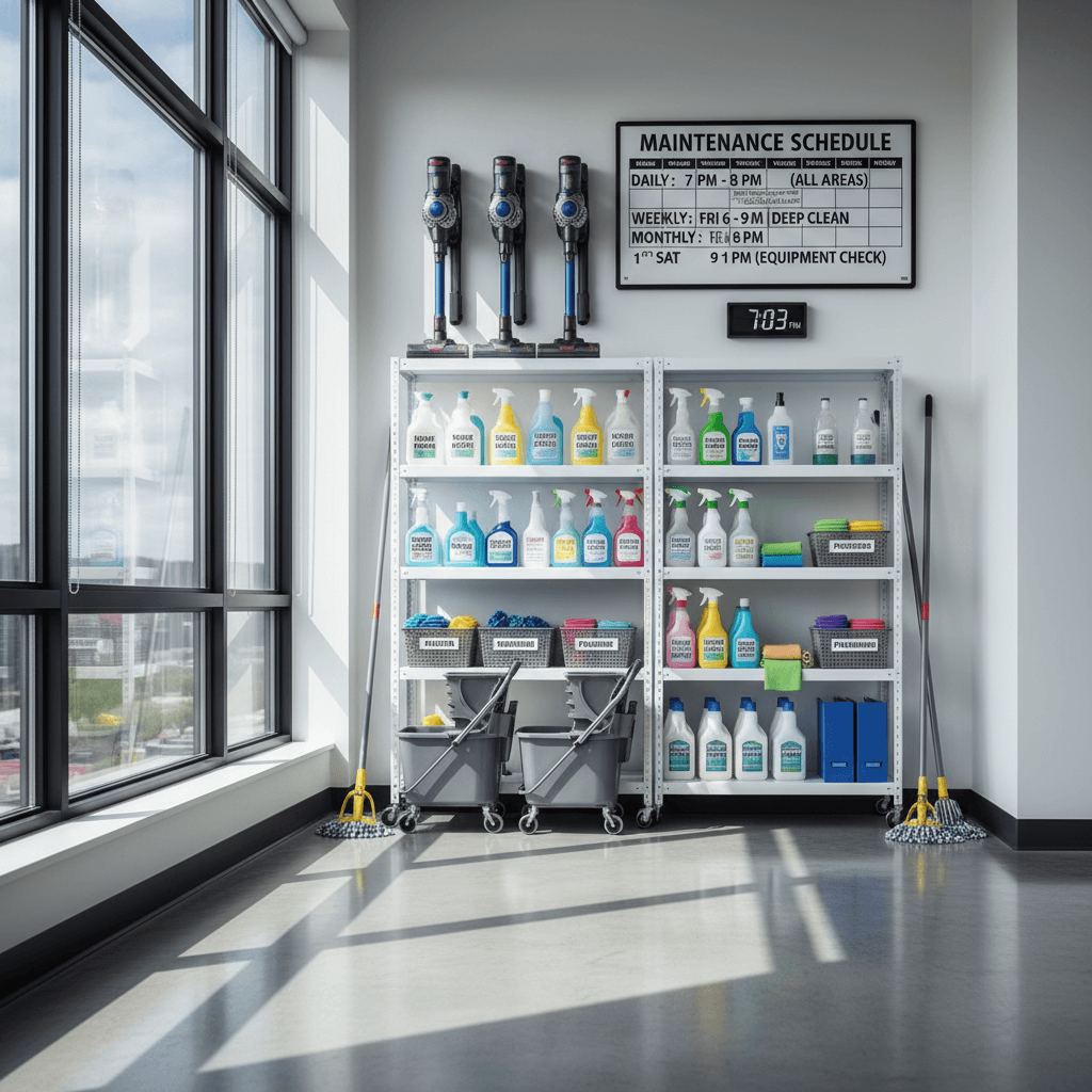 Commercial cleaning maintenance schedule and organized equipment for recurring service