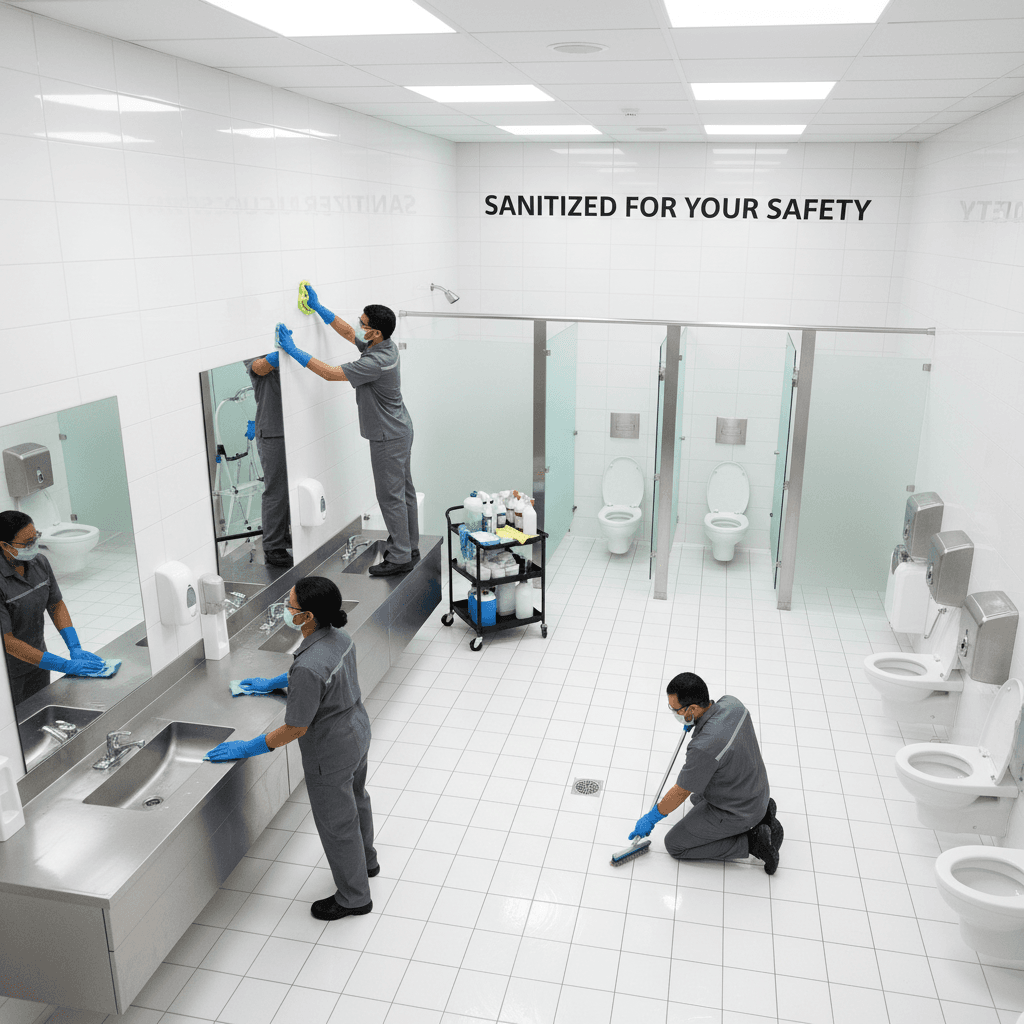 Medical facility restroom being thoroughly sanitized