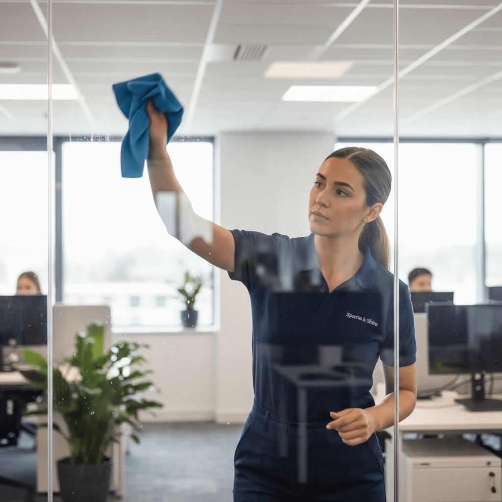 Professional cleaner wiping down office glass partition