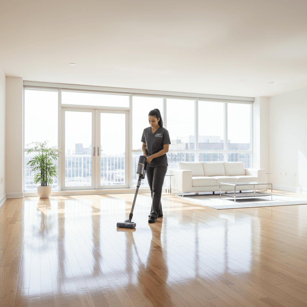 Professional cleaner vacuuming gleaming hardwood floors in bright, spotless move-in ready apartment with natural light