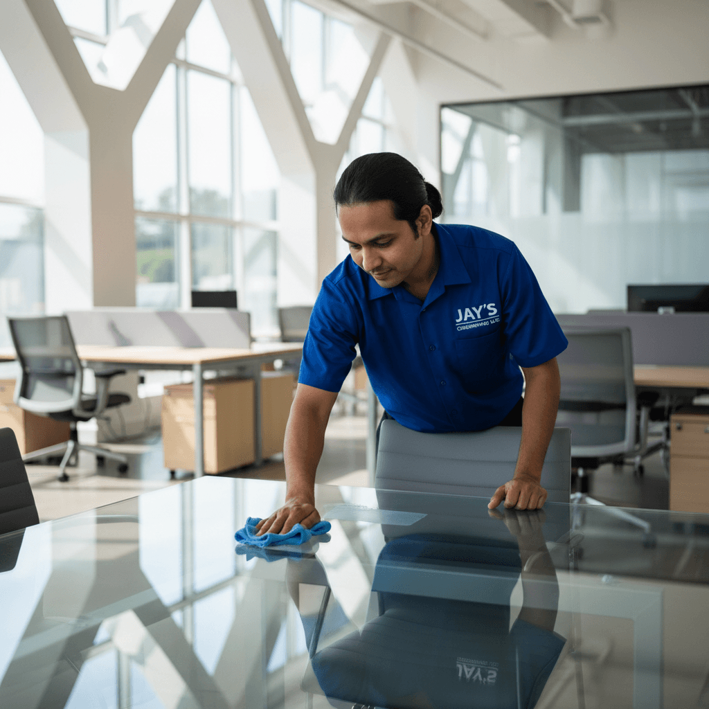 Professional cleaner wiping down glass conference table with microfiber cloth in modern office with natural light