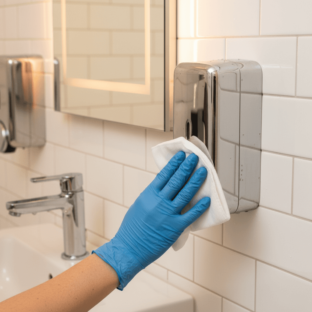Professional detail work on commercial restroom fixtures