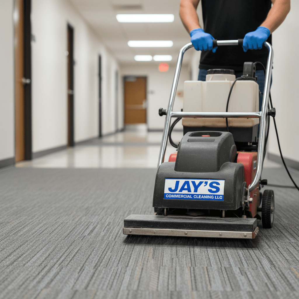 Gloved hands operating professional carpet cleaning equipment on commercial-grade carpet in institutional hallway