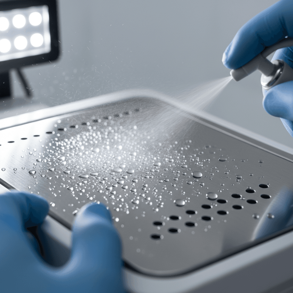 Hands performing medical facility sanitation with disinfectant