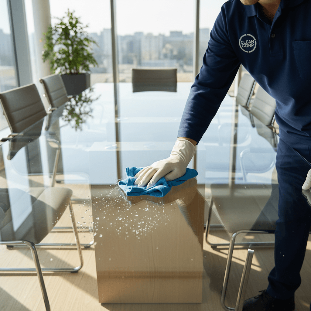 Technician cleaning empty commercial space for move-in