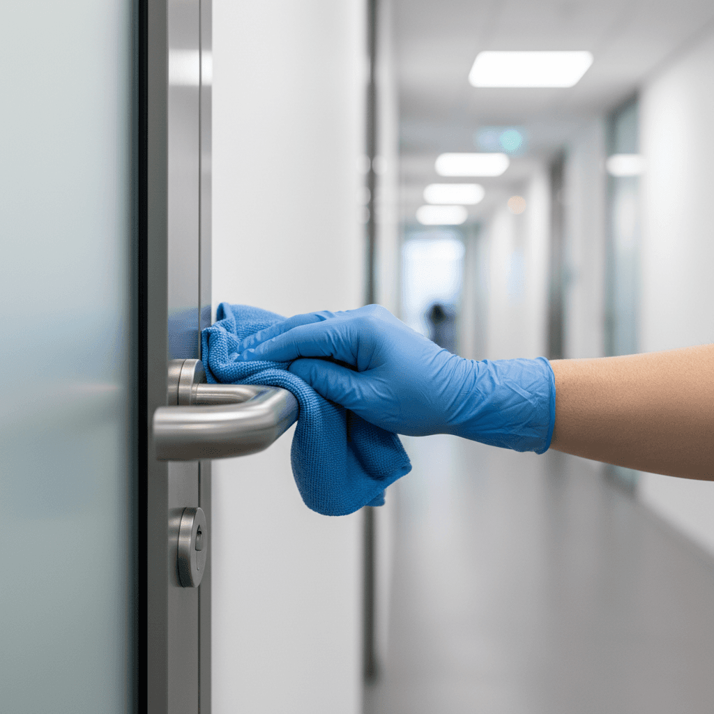 Professional cleaner's hands on mop handle during commercial floor cleaning