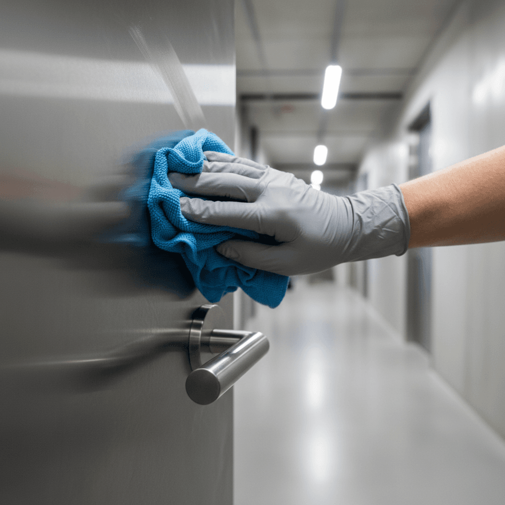 Post-construction cleanup technician removing dust from new surfaces