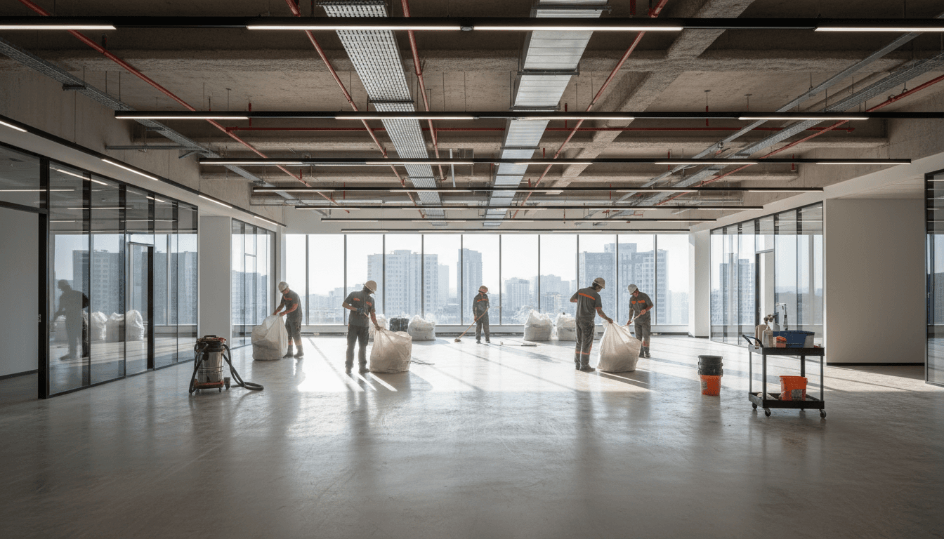 Professional cleaning crew performing post-construction cleanup of vast commercial space with exposed floors