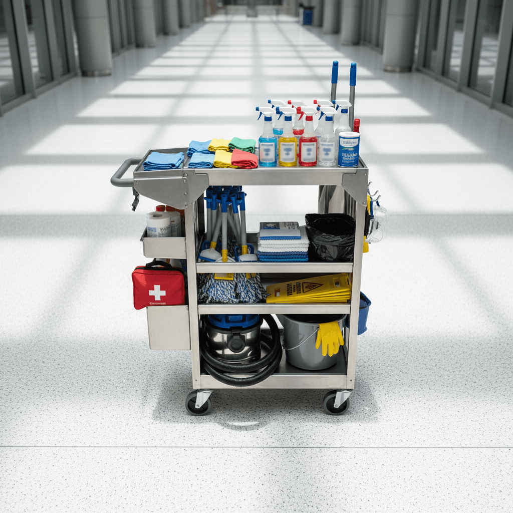 Professional janitorial supplies and equipment organized for service