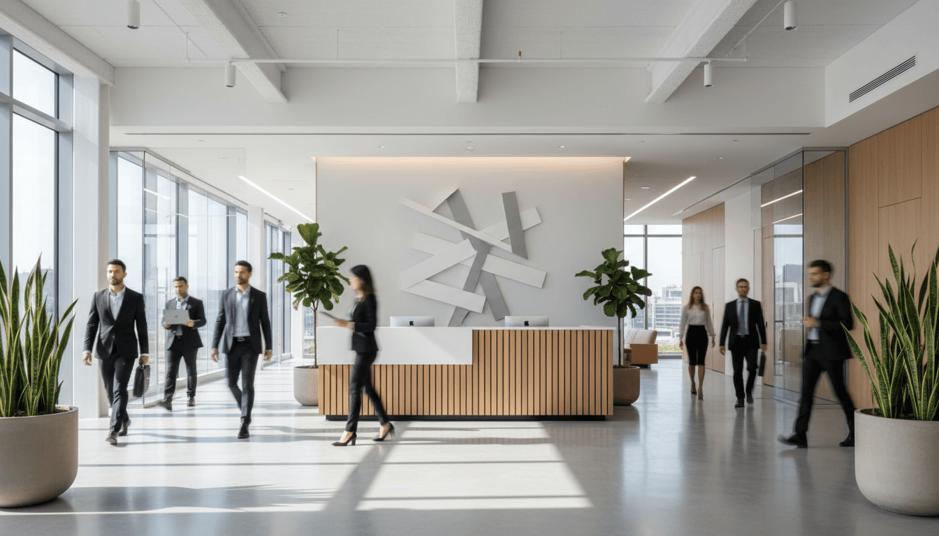 Clean commercial office lobby with polished floors