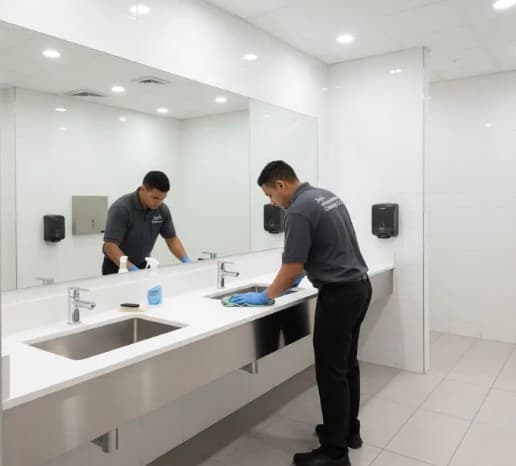 A man wearing blue gloves wipes down a white sink in a bright public restroom.